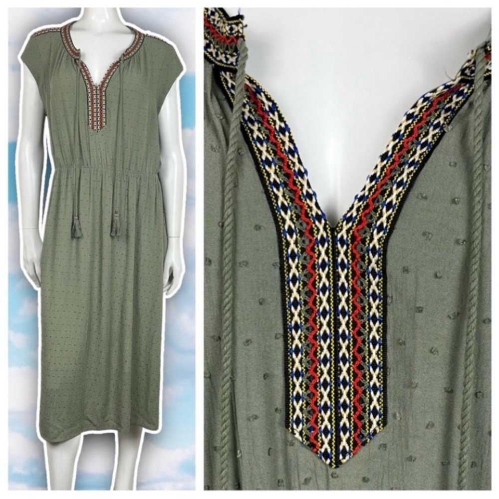 💙 DR2 Nordstrom Clip Dot Boho Tribal Trim Midi Dress Bohemian Gypsy Hippie Beach